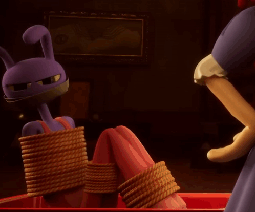 A Purple Bunny Is Tied Up Next To A White Balloon With A Sad Face GIF