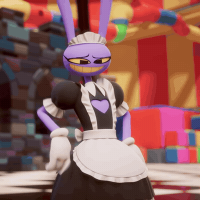 A Purple Bunny Wearing A Maid Outfit With A Heart On The Chest GIF