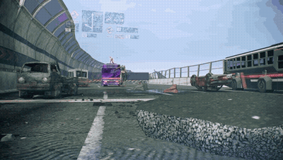 A Purple Bus Is Driving Down A Highway Next To A Gray Truck GIF