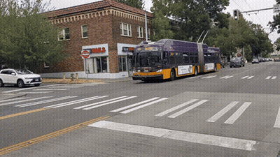 A Purple Bus Is Driving Down The Street In Front Of A Building That Says Nails GIF