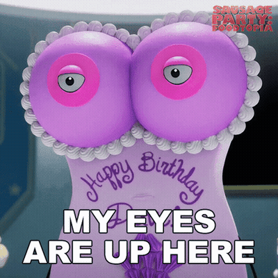 A Purple Cake With The Words Happy Birthday My Eyes Are Up Here GIF