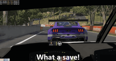 A Purple Car Is Driving Down A Race Track And The Words What A Save Are On The Dashboard GIF