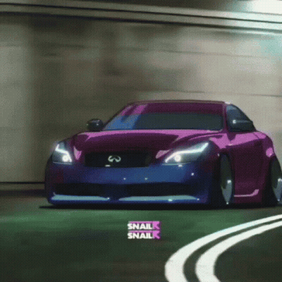 A Purple Car Is Driving Down A Road With A Sign That Says Snail On It GIF