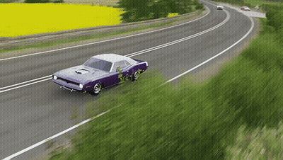 A Purple Car Is Driving Down A Road With A Yellow Field In The Background GIF