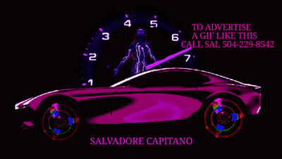 A Purple Car Is In Front Of A Clock That Says " To Advertise A Gif Like This Call Sal " GIF