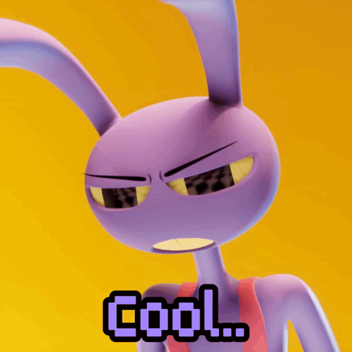 a purple cartoon bunny with the word cool written on it