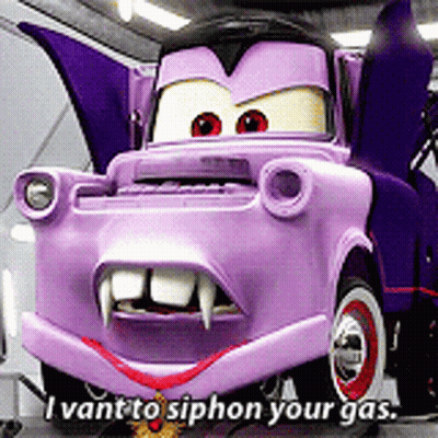A Purple Cartoon Car With Vampire Teeth Is Saying I Want To Siphon Your Gas GIF
