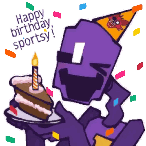 A Purple Cartoon Character Holding A Birthday Cake With A Candle Sticker