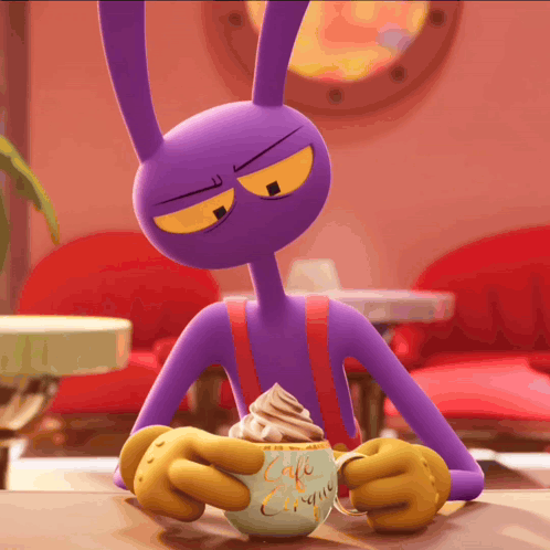 A Purple Cartoon Character Holding A Cup Of Cafe Croque GIF