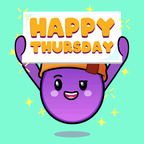 A Purple Cartoon Character Holding A Sign That Says Happy Thursday GIF