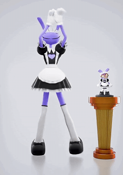 A Purple Cartoon Character In A Maid Outfit Jumps In The Air GIF