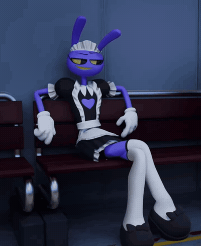 A Purple Cartoon Character In A Maid Outfit Sits On A Bench GIF