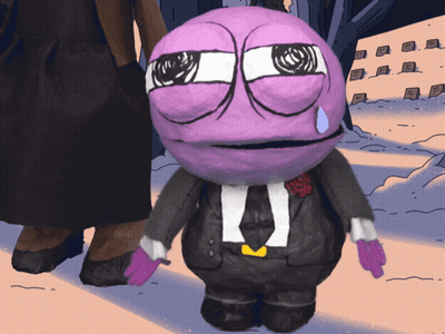 A Purple Cartoon Character In A Suit And Tie With A Tear Running Down His Face GIF