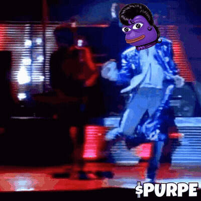 A Purple Cartoon Character Is Dancing On A Stage With The Word Purpe In The Lower Right Corner GIF