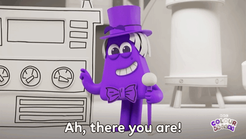 A Purple Cartoon Character Is Holding A Microphone And Saying Ah There You Are GIF