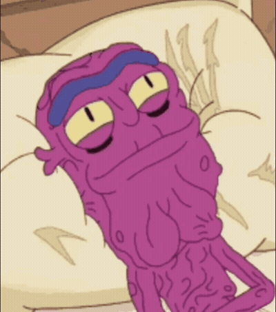 A Purple Cartoon Character Is Laying On A Pillow With The Letter G Below Him GIF