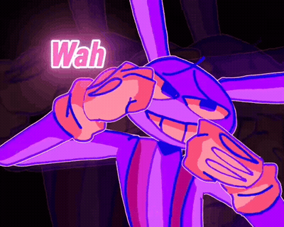 A Purple Cartoon Character Is Making A Funny Face And The Word Wah Is Lit Up In The Background GIF