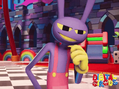 A Purple Cartoon Character Is Pointing At The Camera In Front Of A Sign That Says Delta Studios GIF