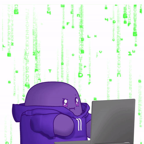 A Purple Cartoon Character Is Sitting In Front Of A Laptop With The Word Hackerman Written On The Screen GIF