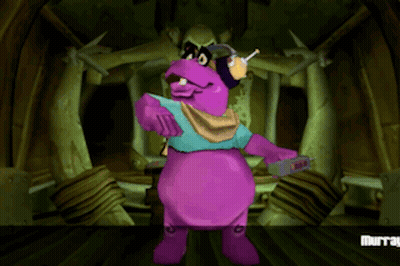 A Purple Cartoon Character Is Standing In A Dark Room GIF