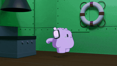A Purple Cartoon Character Is Standing In A Room With A Life Preserver On The Wall GIF