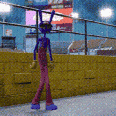 A Purple Cartoon Character Is Standing In Front Of A Fence GIF