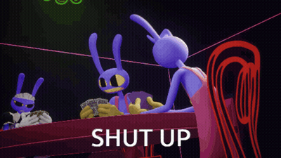 A Purple Cartoon Character Says Shut Up In Front Of Two Other Cartoon Characters GIF