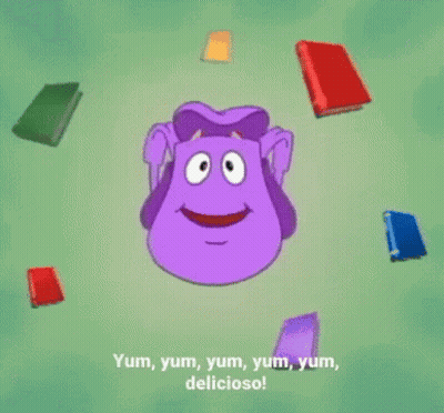 A Purple Cartoon Character Says Yum Yum Yum Yum Yum Yum Delicioso GIF