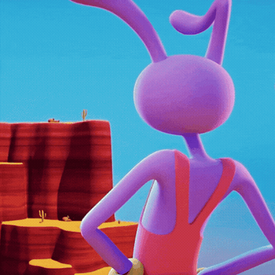 A Purple Cartoon Character Standing In Front Of A Desert Landscape GIF