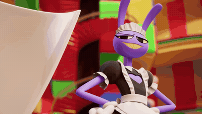 A Purple Cartoon Character Wearing A Maid Outfit Stands With Her Hands On Her Hips GIF