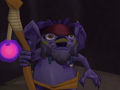 A Purple Cartoon Character With A Beard Holding A Stick GIF