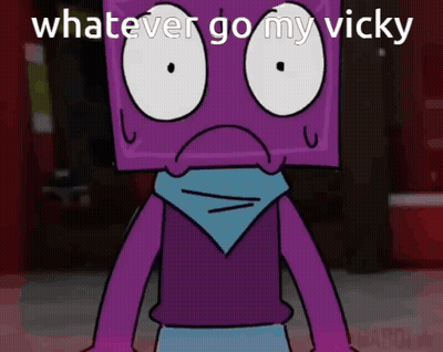 A Purple Cartoon Character With A Blue Scarf Around His Neck Says Whatever Go My Vicky GIF