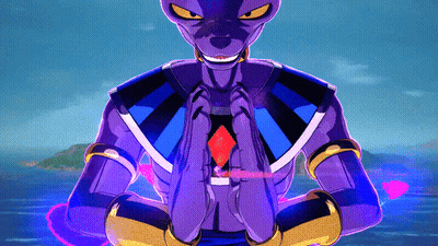 A Purple Cartoon Character With A Diamond In His Chest Is Standing In Front Of A Body Of Water GIF