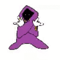 A Purple Cartoon Character With A Hood And A Necklace Is Holding A Tray Of Clouds . GIF