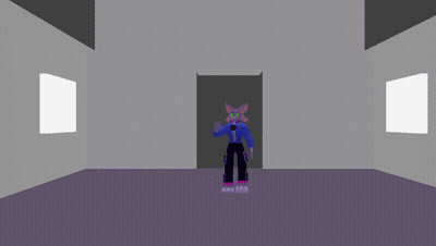 A Purple Cartoon Character With Green Eyes And A Blue Shirt GIF