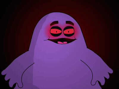 A Purple Cartoon Character With Red Eyes And A Sad Face GIF