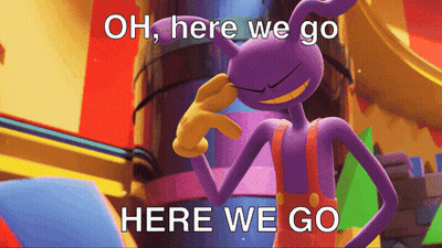 a purple cartoon character with the words oh here we go here we go