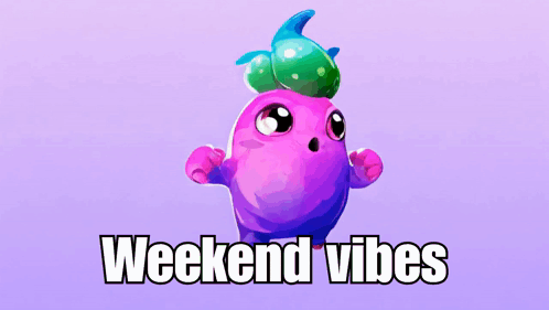 A Purple Cartoon Character With The Words Weekend Vibes Written Below It GIF