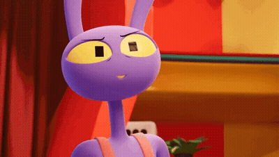 A Purple Cartoon Character With Yellow Eyes Is Standing In Front Of A Red Curtain . GIF