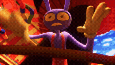 A Purple Cartoon Character With Yellow Eyes Is Standing On A Wooden Railing GIF