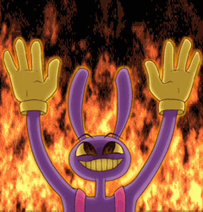 A Purple Cartoon Character With Yellow Gloves Is Surrounded By Fire GIF