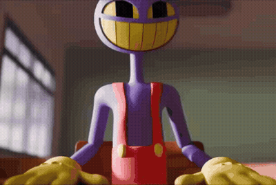 A Purple Cartoon Character With Yellow Teeth And Red Pants GIF