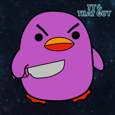 A Purple Cartoon Face With A Knife In Its Mouth And The Words Ty & That Guy Above It GIF