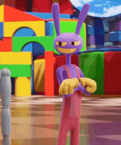 A Purple Cartoon Rabbit Is Standing In Front Of A Playground Filled With Colorful Toys . GIF