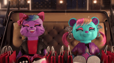 A Purple Cat And A Blue Bear Are Sitting Next To Each Other GIF