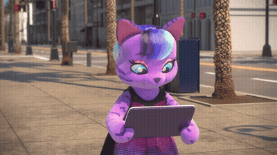 A Purple Cat Is Holding A Tablet In Her Hands GIF