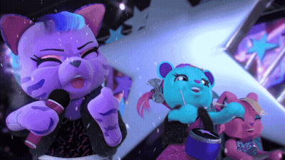 A Purple Cat Is Singing Into A Microphone While A Blue Bear Is Holding A Drum GIF