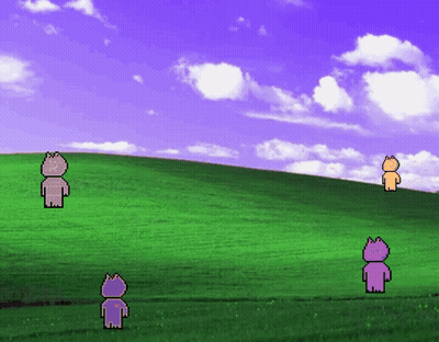 A Purple Cat Is Standing On Top Of A Grassy Hill With Other Cats GIF