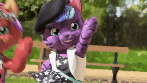 A Purple Cat Wearing A Black Beret And A White Jacket Waving GIF