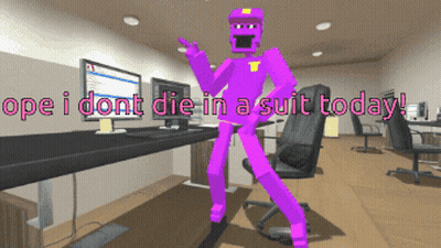 A Purple Character In An Office With The Words " Ope I Dont Die In A Suit Today " On The Bottom GIF